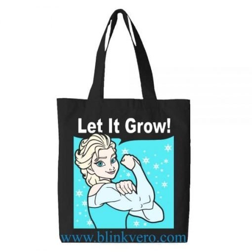 Funny Gym Elsa Let It Grow tote bag. Fashion bag featuring cartoon illustrations. 100% cotton shopping bag. Cotton tote bag.by blinkvero