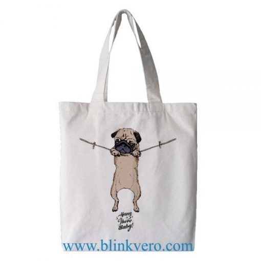 Funny Pug Hang In There Baby tote bag. Fashion bag featuring cartoon illustrations. 100% cotton shopping bag. Cotton tote bag.by blinkvero